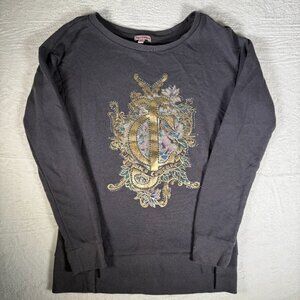 Juicy‎ Couture Size XS Gray Sweatshirt Gem Embellished Gold Metallic Floral Y2k